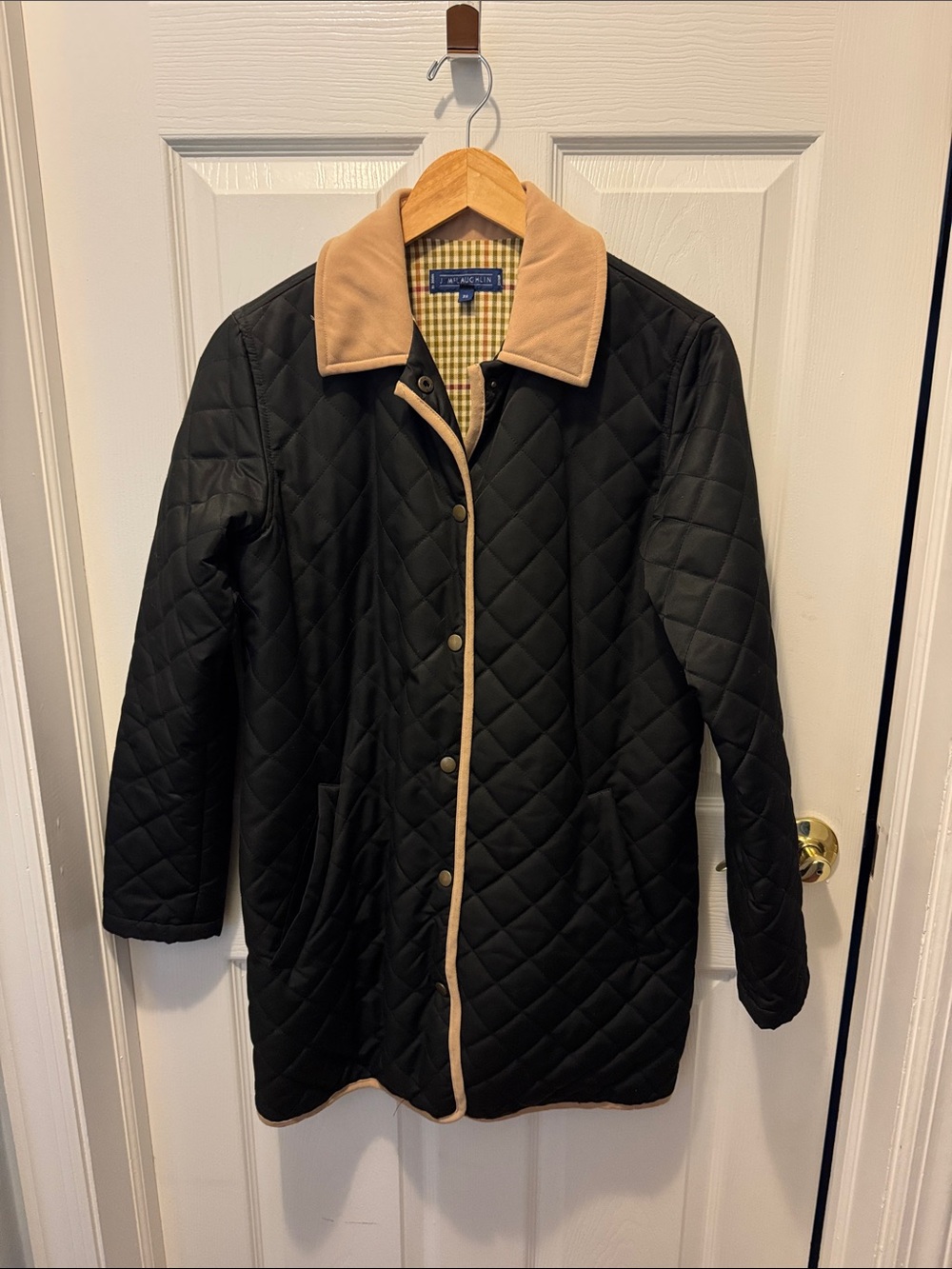 J McLaughlin Black Quilted Coat with Tan Collar and Trim - plaid interior